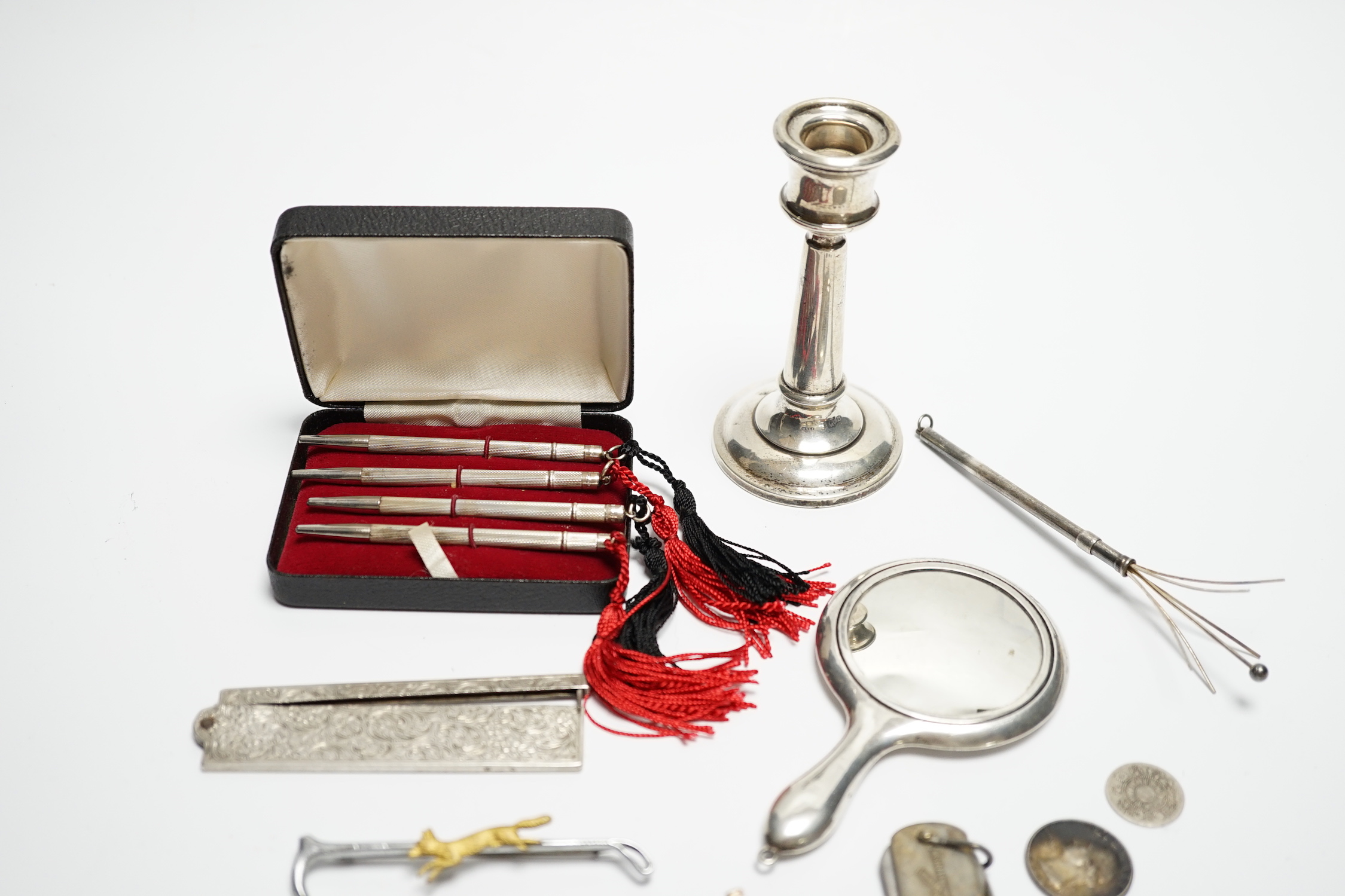 A cased set of four engine turned sterling bridge pencils and other small silver etc.